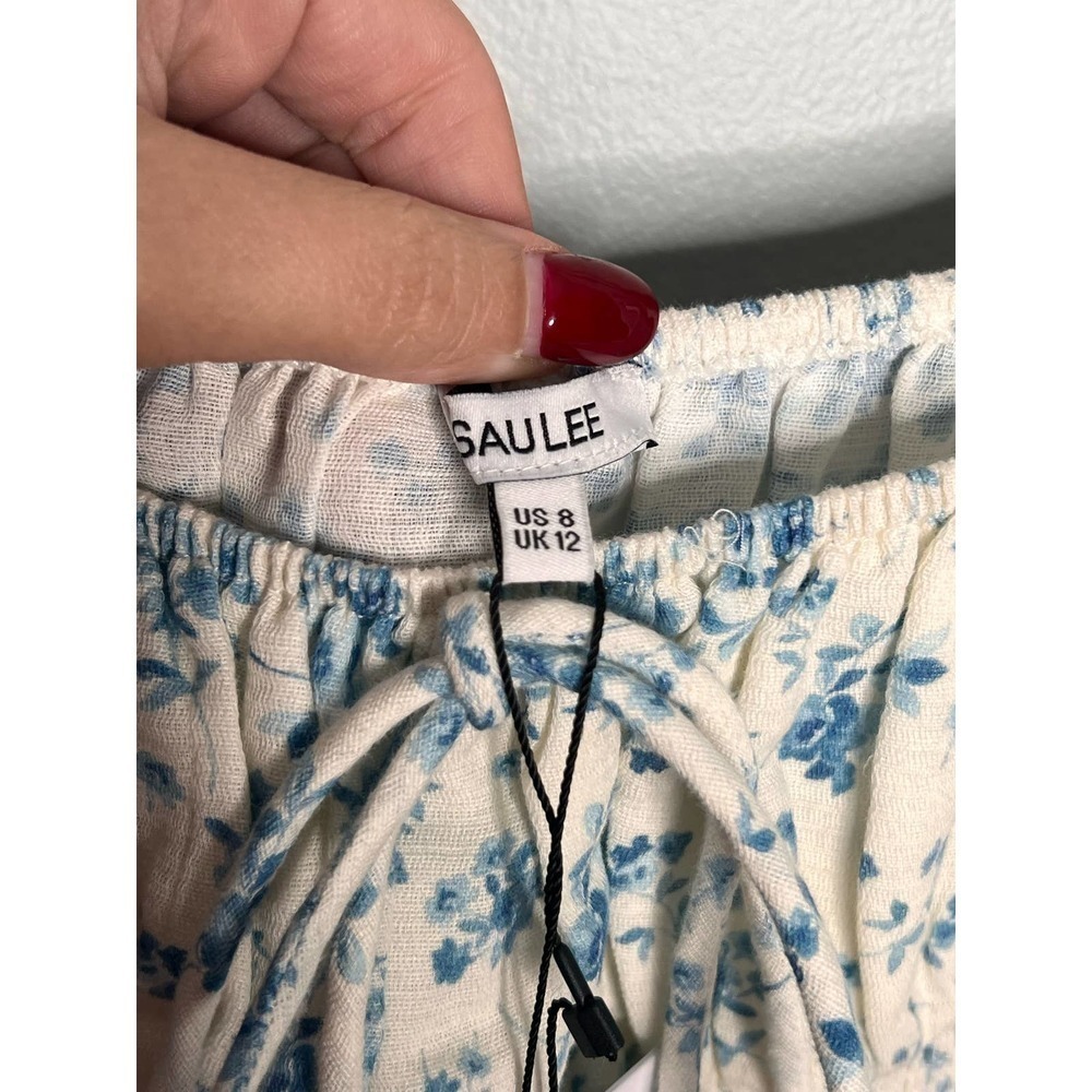 SAU LEE Betty Linen Blend Smocked Floral Mini Dress Blue/White Women's Size 8 - Picture 9 of 10